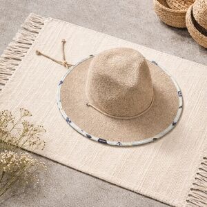Women's Wide-Brim Straw Sun Hat with Patterned Trim - Beige